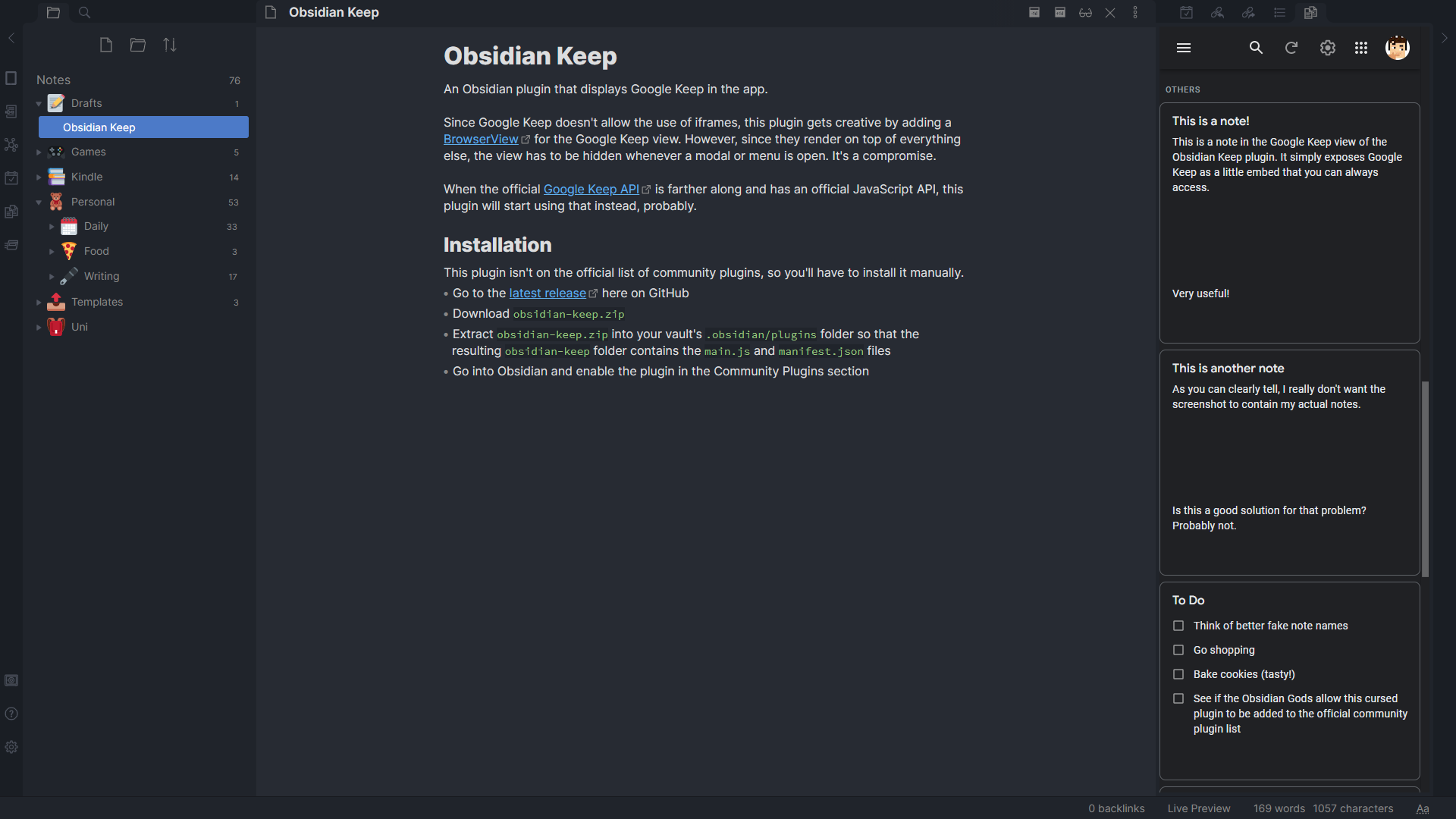 A screenshot of the Obsidian Keep plugin in action